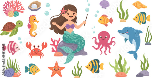 Hand-drawn Mermaid and Underwater Sea Creatures with Dolphins, Fish, Seahorses, Crabs, and Coral for Ocean and Fantasy Illustrations
