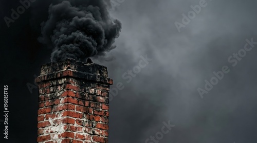 Old Brick Chimney Emitting Thick Black Smoke Against Dark Stormy Sky, Pollution and Soot