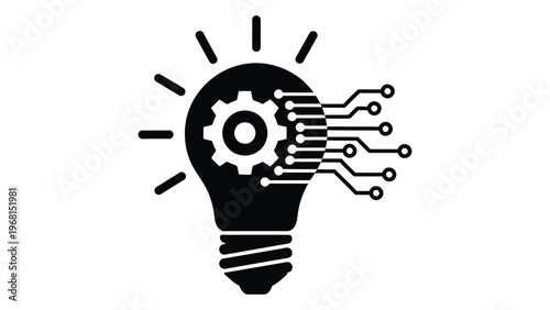A black silhouette of a lightbulb comprised of gears and digital lines represents innovation and technological advancement silhouette high quality professional