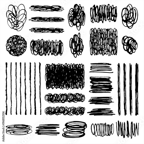 Hand drawn graphic design elements set. Grunge rough uneven fountain ink pen scribbles squiggles spiral doodles. Round rectangle circle shapes strokes stripes lines. Backgrounds dividers collection