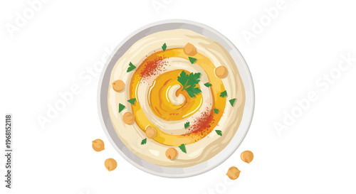 Vibrant illustration of creamy hummus swirl elegantly garnished with golden olive oil, rich paprika flakes, and fresh green parsley sprigs,