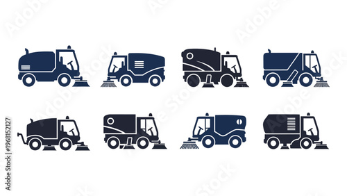 A collection of street sweeper vehicle icons in varying designs and perspectives presented as a silhouette high quality professional detailed modern