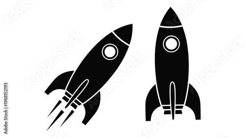 Two black rocket ship designs are prominently displayed showcasing varying angles and details as a silhouette high quality professional detailed modern