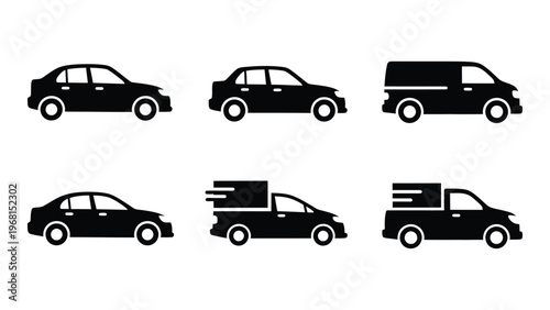 A collection of six vehicle silhouettes including cars vans and delivery trucks shown in a flat design style silhouette high quality