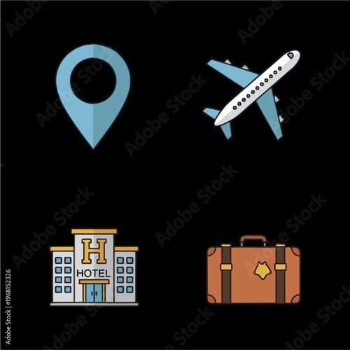 Travel and tourism icons set with airplane, hotel, location pin, and luggage.