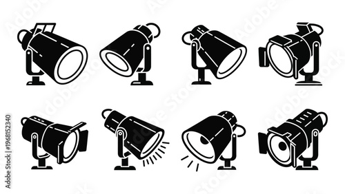A collection of eight black spotlights arranged on a white background showcasing various angles and a flat silhouette high quality professional
