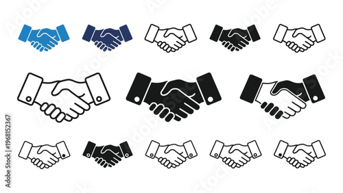 A collection of diverse handshakes depicted in varying shades of blue and black including a stark silhouette high quality professional detailed