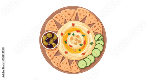 A vibrant, wholesome hummus platter is presented with a creamy chickpea dip, garnished with olive oil, chickpeas, and spices. It is encircled by