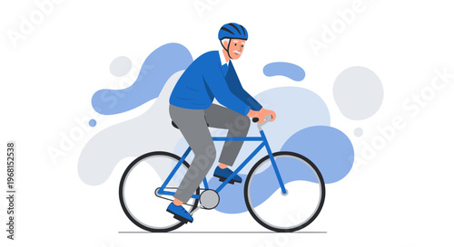 Elderly man joyfully riding a bicycle with a helmet, wearing a blue sweater and gray pants against a stylized abstract background