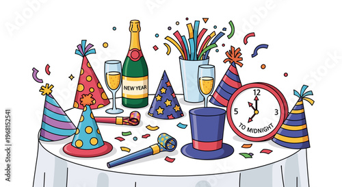 Festive New Years table decor with colorful party hats, champagne bottle, glasses, and clock striking midnight on white tablecloth, vibrant illustration, year’s