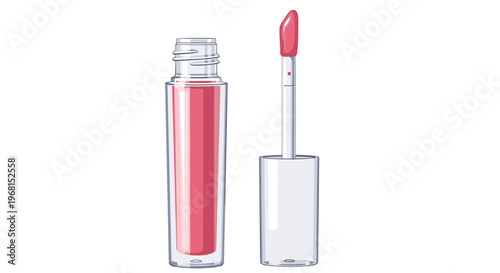 Illustration of a sleek lip gloss tube with vibrant pink color and applicator wand on a white background