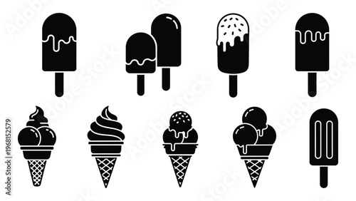 A collection of various frozen dessert icons including popsicles and ice cream cones presented in a striking silhouette high quality professional