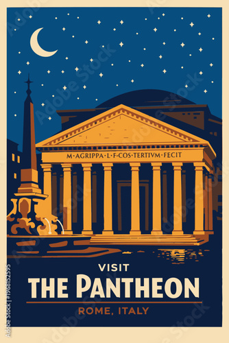 Flat design travel poster illustration of the Pantheon in Rome at night. Features a crescent moon, stars, and the obelisk fountain in a retro vector art style with classic architecture.