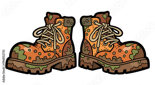 Illustration of rugged work boots with a dirty appearance, featuring a vibrant camouflage pattern, isolated on a white background