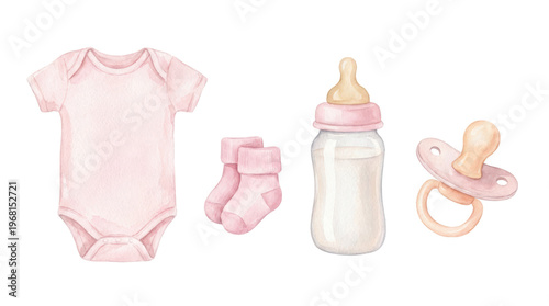 Pink baby onesie, socks, bottle, and pacifier illustration for newborns, suitable for baby shower invitations and nursery decor