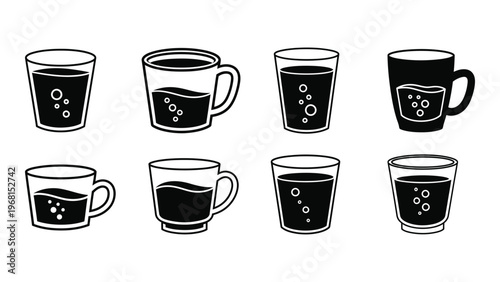 A collection of eight black and white beverage containers including cups and glasses presented in a minimalist silhouette high quality professional
