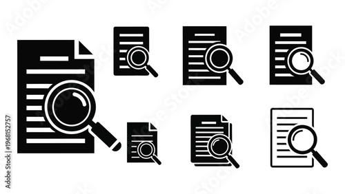 Black and white icons depict documents with magnifying glasses focusing on review and analysis shown as a silhouette high quality professional
