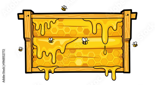 Illustration of a wooden beehive frame dripping with golden honey and buzzing bees, featuring hexagonal patterns on a white background