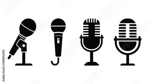 A collection of four vintage microphones displayed in a row showcasing varying designs and styles silhouette high quality professional detailed modern
