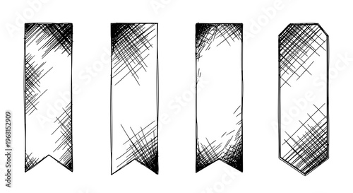 Set of four intricately painted bookmarks with abstract black and white crosshatch patterns, showcasing artistic variations against a plain white background