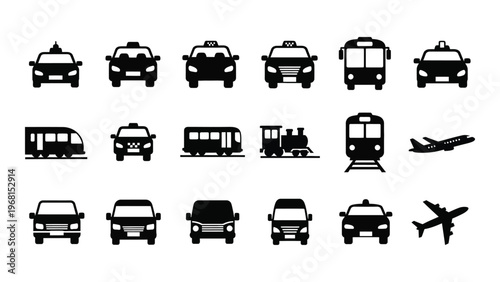 A collection of various transportation vehicles including cars buses trains and airplanes presented in black silhouette high quality professional detailed modern