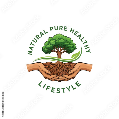 Hands holding a tree with roots, symbolizing natural, pure, healthy lifestyle.