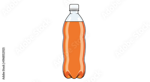 Illustration of a clear bottle filled with vibrant orange soda, featuring a white cap, against a simple white background with clean lines and minimalistic design