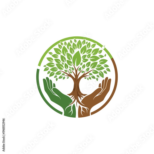 Hands Nurturing a Vibrant Tree of Life within a Circular Emblem.