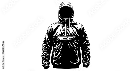 Black and white illustration of a sleek windbreaker jacket with a hood, featuring a minimalist design on a plain white background