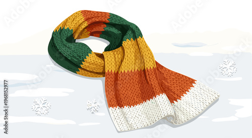 Colorful wool scarf with orange, green, yellow, and white stripes lying on snow-covered ground with snowflakes, showcasing winter warmth and style