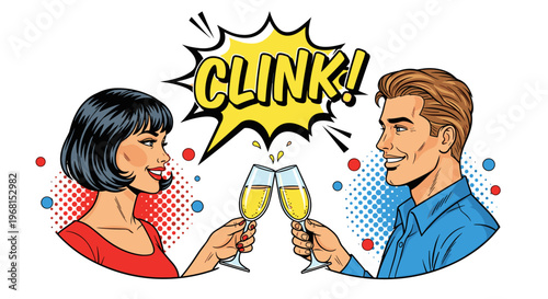 Retro comic-style illustration of a smiling couple holding glasses in a celebratory toast, with vibrant pop art colors and a dynamic clink sound effect