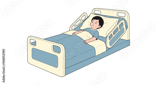 Illustration of a child lying in a hospital bed with adjustable side rails, depicted in soft pastel colors on a white background