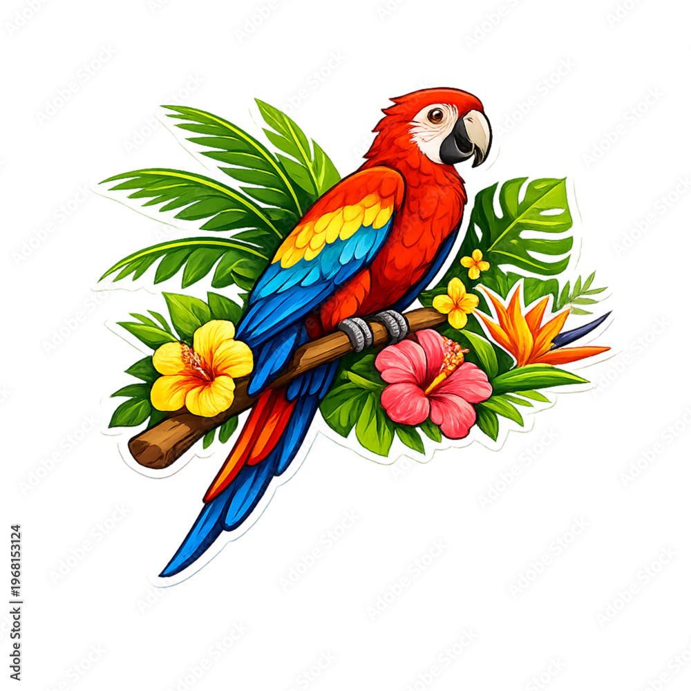 Obraz premium scarlet macaw, macaw parrot illustration, tropical bird art, macaw between flowers, exotic bird design, tropical blooms, colorful parrot illustration, rainforest bird scene, vibrant macaw feathers, ju