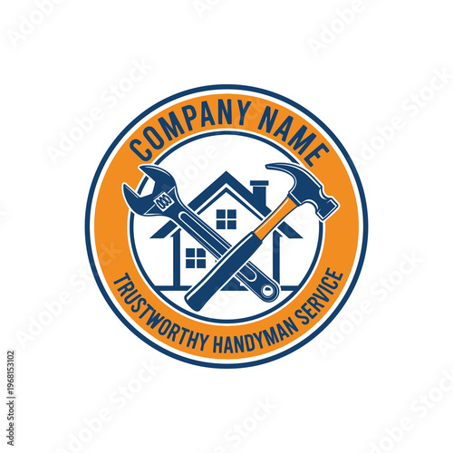 Handyman service logo with crossed wrench and hammer in front of a house.