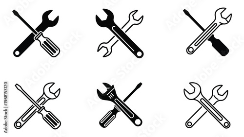 A collection of crossed wrenches and tools presented in a stark black and white design silhouette high quality professional detailed modern