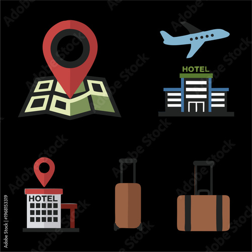 Travel and tourism icons set with map pin airplane hotel and luggage.
