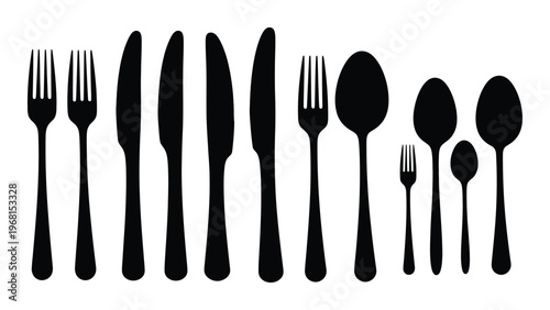 A collection of various black cutlery items including forks knives and spoons shown in a stark silhouette high quality professional detailed