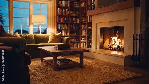 Cozy Living Room Scene with Fireplace and Warm Lighting