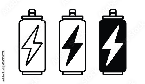 Energy Drink Can Icons Lightning Bolt Beverage Refreshment Power Boost Sports Fitness Drink Vector Illustration Set Isolated Background