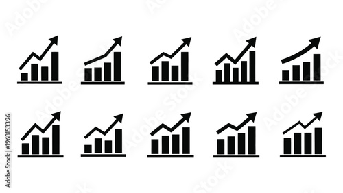A collection of six different ascending bar graph icons arranged in a grid format presented as a silhouette high quality professional
