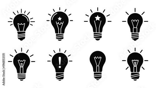 A collection of black lightbulb icons displaying different symbols within radiating light rays in silhouette high quality professional detailed modern elegant