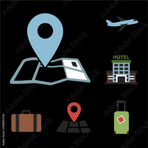 Travel and tourism icons set with map pin airplane hotel luggage.