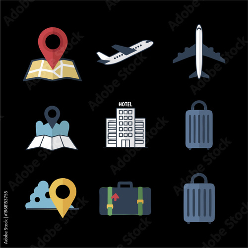 Travel and tourism icons set with maps, airplanes, hotels, and luggage.