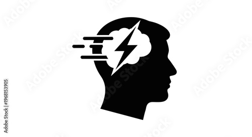 A silhouette of a human head with a lightning bolt striking the brain