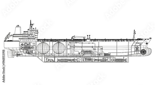 Detailed blueprint of a large cargo ship, showcasing its intricate internal structure and design.