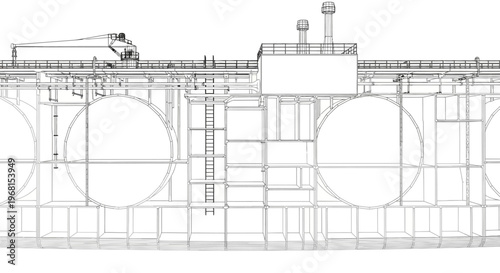 Detailed blueprint of a large industrial vessel with spherical tanks.