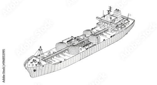 Detailed blueprint of a large liquefied natural gas carrier ship.
