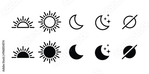 Sun and moon icon set with daytime sunset sun and night symbols for dark and light mode interface vector graphic illustration