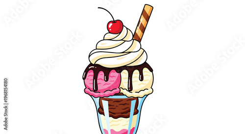 Brightly colored digital artwork of a classic ice cream sundae featuring various sweet elements