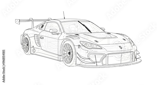 Detailed Line Art Drawing of a High Performance Racing Sports Car.